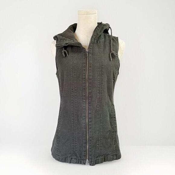 Giordano Canvas Denim Hooded Vest Women S Dark Gray Grunge Lined Zip Outdoor - Picture 1 of 10